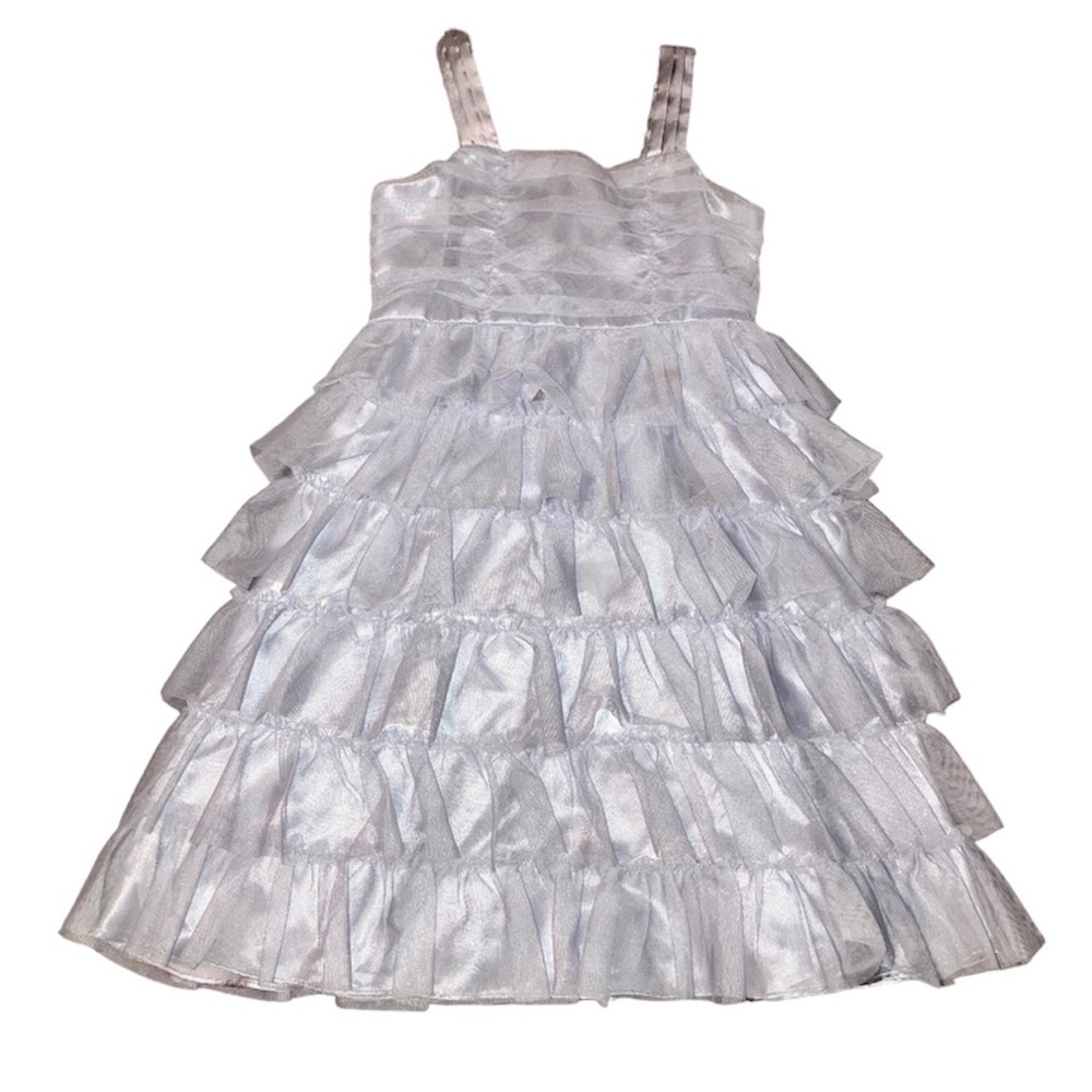 Kids grey satin and mesh ruffle dress